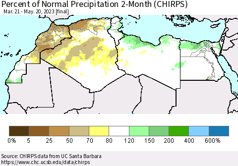 North Africa Percent of Normal Precipitation 2-Month (CHIRPS) Thematic Map For 3/21/2023 - 5/20/2023