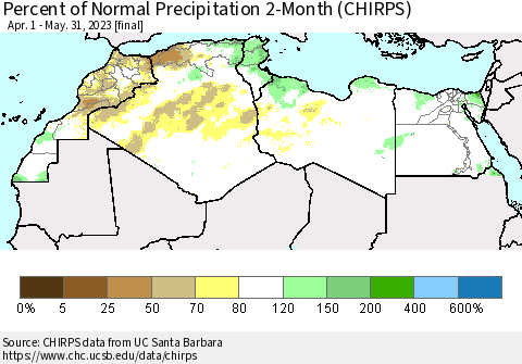 North Africa Percent of Normal Precipitation 2-Month (CHIRPS) Thematic Map For 4/1/2023 - 5/31/2023