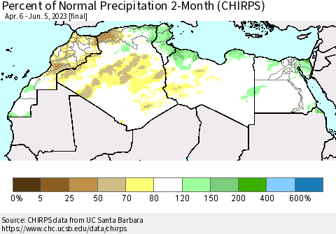 North Africa Percent of Normal Precipitation 2-Month (CHIRPS) Thematic Map For 4/6/2023 - 6/5/2023