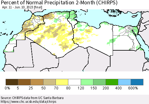 North Africa Percent of Normal Precipitation 2-Month (CHIRPS) Thematic Map For 4/11/2023 - 6/10/2023