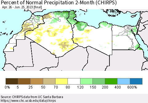North Africa Percent of Normal Precipitation 2-Month (CHIRPS) Thematic Map For 4/26/2023 - 6/25/2023