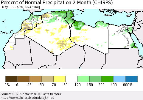 North Africa Percent of Normal Precipitation 2-Month (CHIRPS) Thematic Map For 5/1/2023 - 6/30/2023