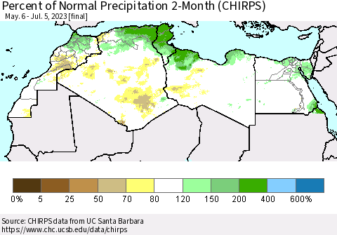 North Africa Percent of Normal Precipitation 2-Month (CHIRPS) Thematic Map For 5/6/2023 - 7/5/2023