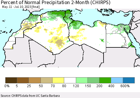 North Africa Percent of Normal Precipitation 2-Month (CHIRPS) Thematic Map For 5/11/2023 - 7/10/2023