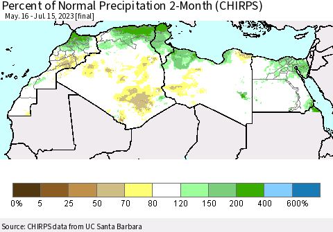 North Africa Percent of Normal Precipitation 2-Month (CHIRPS) Thematic Map For 5/16/2023 - 7/15/2023