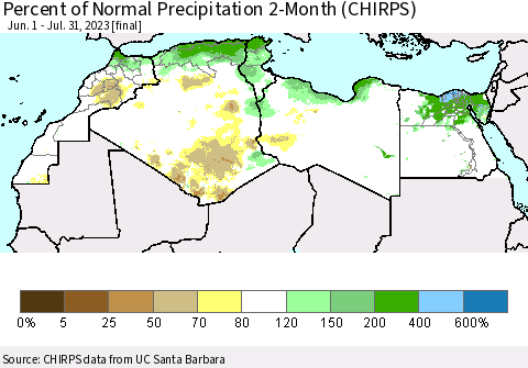 North Africa Percent of Normal Precipitation 2-Month (CHIRPS) Thematic Map For 6/1/2023 - 7/31/2023