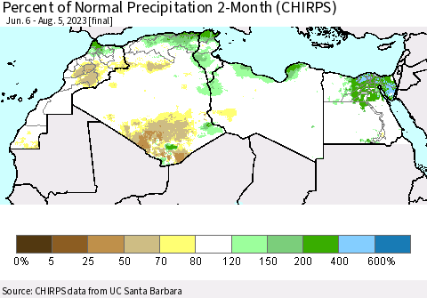 North Africa Percent of Normal Precipitation 2-Month (CHIRPS) Thematic Map For 6/6/2023 - 8/5/2023
