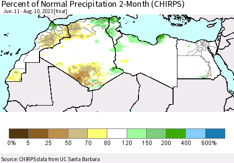 North Africa Percent of Normal Precipitation 2-Month (CHIRPS) Thematic Map For 6/11/2023 - 8/10/2023