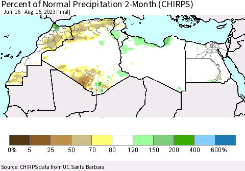 North Africa Percent of Normal Precipitation 2-Month (CHIRPS) Thematic Map For 6/16/2023 - 8/15/2023