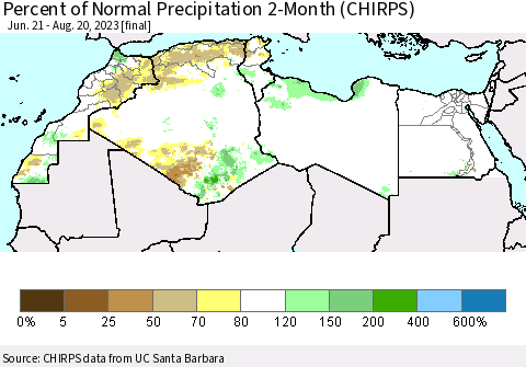 North Africa Percent of Normal Precipitation 2-Month (CHIRPS) Thematic Map For 6/21/2023 - 8/20/2023