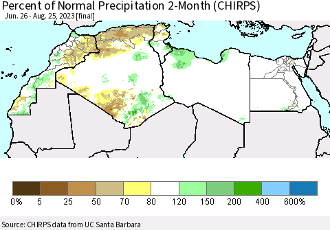North Africa Percent of Normal Precipitation 2-Month (CHIRPS) Thematic Map For 6/26/2023 - 8/25/2023
