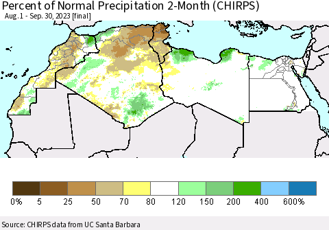 North Africa Percent of Normal Precipitation 2-Month (CHIRPS) Thematic Map For 8/1/2023 - 9/30/2023