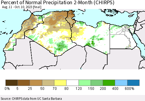 North Africa Percent of Normal Precipitation 2-Month (CHIRPS) Thematic Map For 8/11/2023 - 10/10/2023