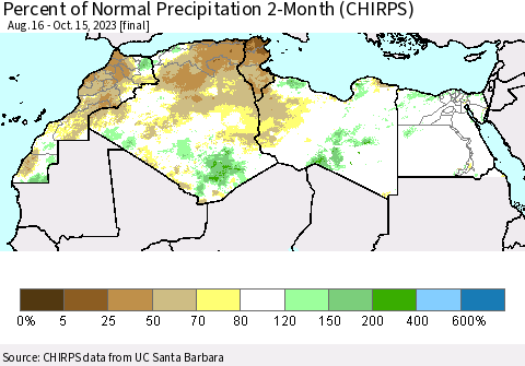 North Africa Percent of Normal Precipitation 2-Month (CHIRPS) Thematic Map For 8/16/2023 - 10/15/2023