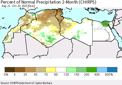 North Africa Percent of Normal Precipitation 2-Month (CHIRPS) Thematic Map For 8/21/2023 - 10/20/2023