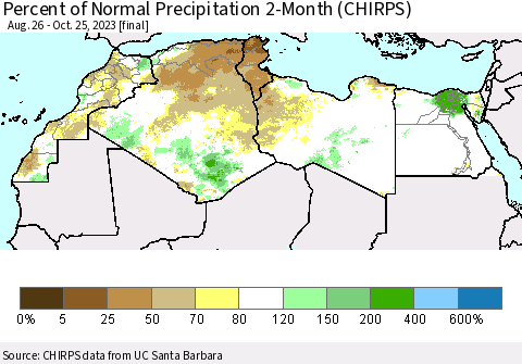 North Africa Percent of Normal Precipitation 2-Month (CHIRPS) Thematic Map For 8/26/2023 - 10/25/2023