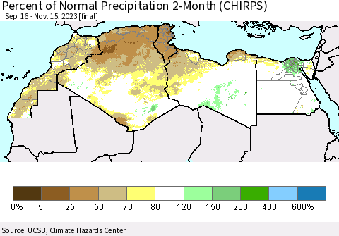 North Africa Percent of Normal Precipitation 2-Month (CHIRPS) Thematic Map For 9/16/2023 - 11/15/2023