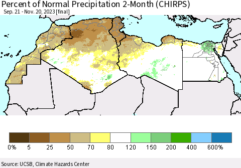 North Africa Percent of Normal Precipitation 2-Month (CHIRPS) Thematic Map For 9/21/2023 - 11/20/2023