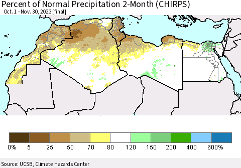 North Africa Percent of Normal Precipitation 2-Month (CHIRPS) Thematic Map For 10/1/2023 - 11/30/2023