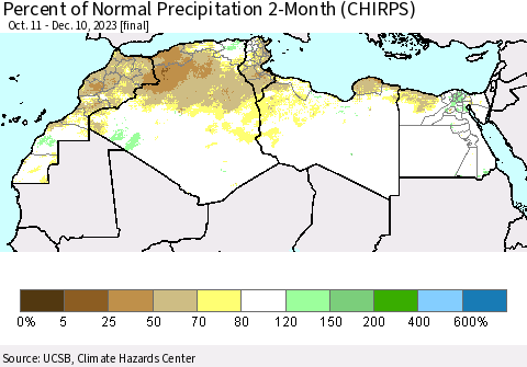 North Africa Percent of Normal Precipitation 2-Month (CHIRPS) Thematic Map For 10/11/2023 - 12/10/2023