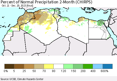 North Africa Percent of Normal Precipitation 2-Month (CHIRPS) Thematic Map For 10/21/2023 - 12/20/2023