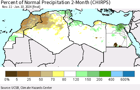 North Africa Percent of Normal Precipitation 2-Month (CHIRPS) Thematic Map For 11/11/2023 - 1/10/2024