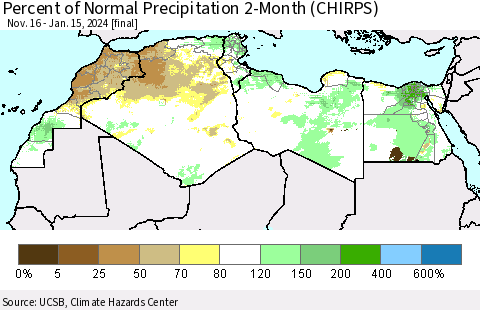 North Africa Percent of Normal Precipitation 2-Month (CHIRPS) Thematic Map For 11/16/2023 - 1/15/2024