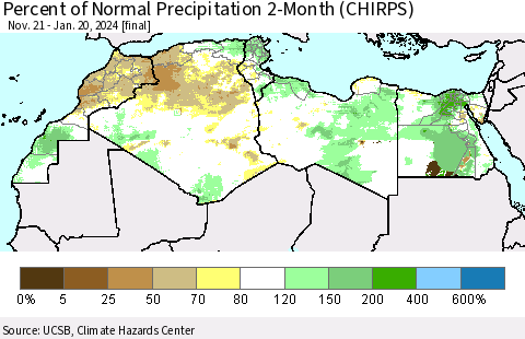 North Africa Percent of Normal Precipitation 2-Month (CHIRPS) Thematic Map For 11/21/2023 - 1/20/2024