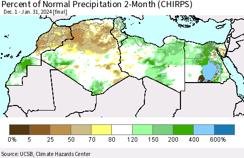 North Africa Percent of Normal Precipitation 2-Month (CHIRPS) Thematic Map For 12/1/2023 - 1/31/2024
