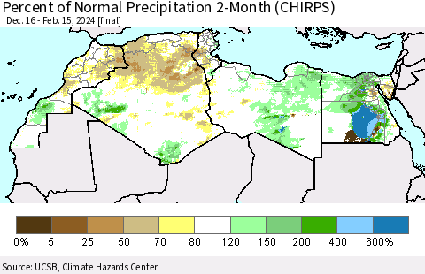 North Africa Percent of Normal Precipitation 2-Month (CHIRPS) Thematic Map For 12/16/2023 - 2/15/2024