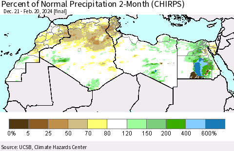North Africa Percent of Normal Precipitation 2-Month (CHIRPS) Thematic Map For 12/21/2023 - 2/20/2024