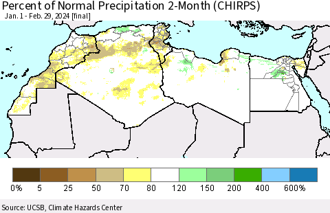 North Africa Percent of Normal Precipitation 2-Month (CHIRPS) Thematic Map For 1/1/2024 - 2/29/2024