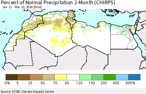 North Africa Percent of Normal Precipitation 2-Month (CHIRPS) Thematic Map For 1/11/2024 - 3/10/2024