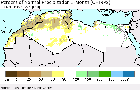 North Africa Percent of Normal Precipitation 2-Month (CHIRPS) Thematic Map For 1/21/2024 - 3/20/2024