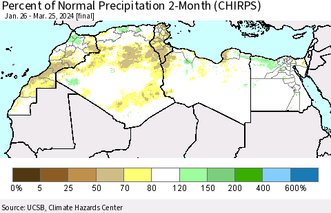 North Africa Percent of Normal Precipitation 2-Month (CHIRPS) Thematic Map For 1/26/2024 - 3/25/2024