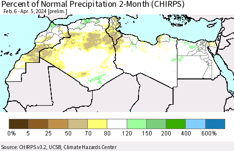 North Africa Percent of Normal Precipitation 2-Month (CHIRPS) Thematic Map For 2/6/2024 - 4/5/2024