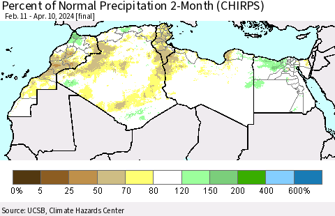 North Africa Percent of Normal Precipitation 2-Month (CHIRPS) Thematic Map For 2/11/2024 - 4/10/2024