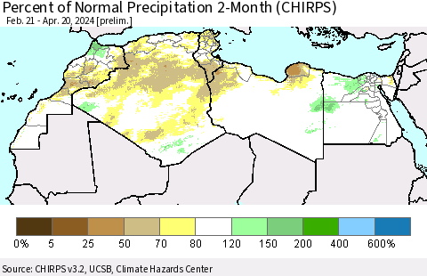North Africa Percent of Normal Precipitation 2-Month (CHIRPS) Thematic Map For 2/21/2024 - 4/20/2024