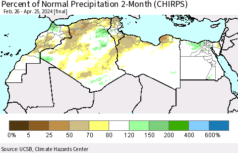 North Africa Percent of Normal Precipitation 2-Month (CHIRPS) Thematic Map For 2/26/2024 - 4/25/2024