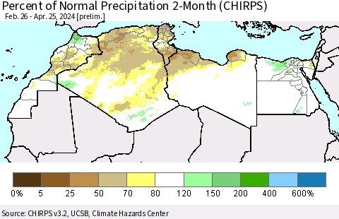 North Africa Percent of Normal Precipitation 2-Month (CHIRPS) Thematic Map For 2/26/2024 - 4/25/2024