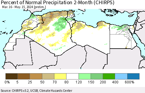 North Africa Percent of Normal Precipitation 2-Month (CHIRPS) Thematic Map For 3/16/2024 - 5/15/2024