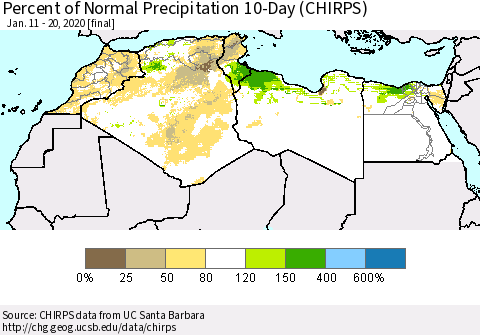 North Africa Percent of Normal Precipitation 10-Day (CHIRPS) Thematic Map For 1/11/2020 - 1/20/2020