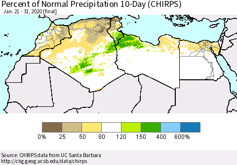 North Africa Percent of Normal Precipitation 10-Day (CHIRPS) Thematic Map For 1/21/2020 - 1/31/2020