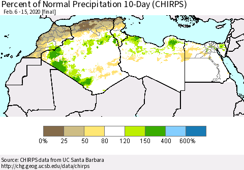 North Africa Percent of Normal Precipitation 10-Day (CHIRPS) Thematic Map For 2/6/2020 - 2/15/2020