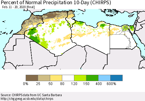 North Africa Percent of Normal Precipitation 10-Day (CHIRPS) Thematic Map For 2/11/2020 - 2/20/2020
