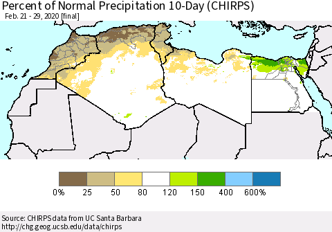 North Africa Percent of Normal Precipitation 10-Day (CHIRPS) Thematic Map For 2/21/2020 - 2/29/2020