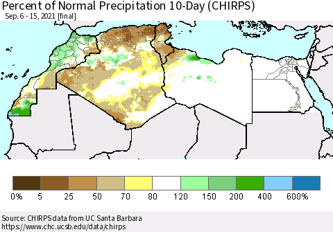 North Africa Percent of Normal Precipitation 10-Day (CHIRPS) Thematic Map For 9/6/2021 - 9/15/2021