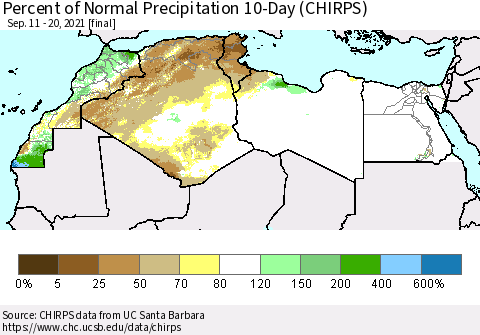 North Africa Percent of Normal Precipitation 10-Day (CHIRPS) Thematic Map For 9/11/2021 - 9/20/2021