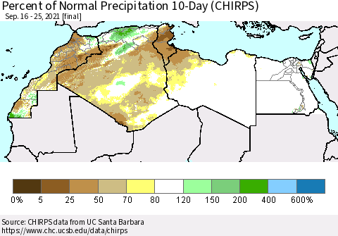 North Africa Percent of Normal Precipitation 10-Day (CHIRPS) Thematic Map For 9/16/2021 - 9/25/2021