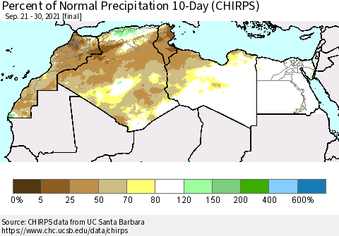 North Africa Percent of Normal Precipitation 10-Day (CHIRPS) Thematic Map For 9/21/2021 - 9/30/2021